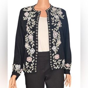 Cyn Les Elegant Black Beaded Floral Embellished Wool Cardigan 40 (conv  6-8)